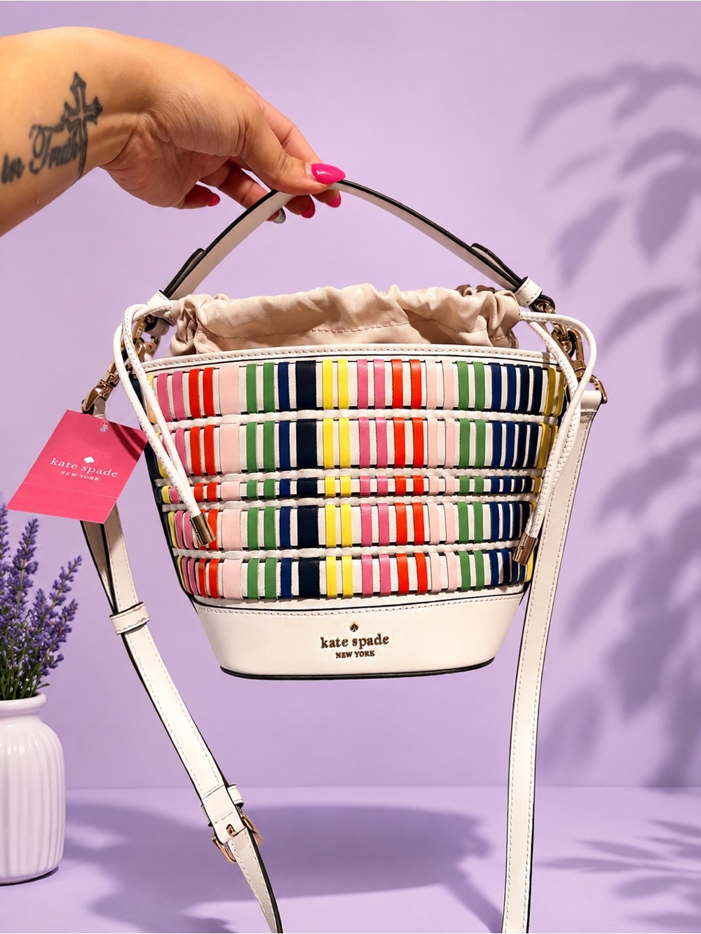 Kate Spade Pippa Woven Small Bucket Bag NWT White & Multi-Colored